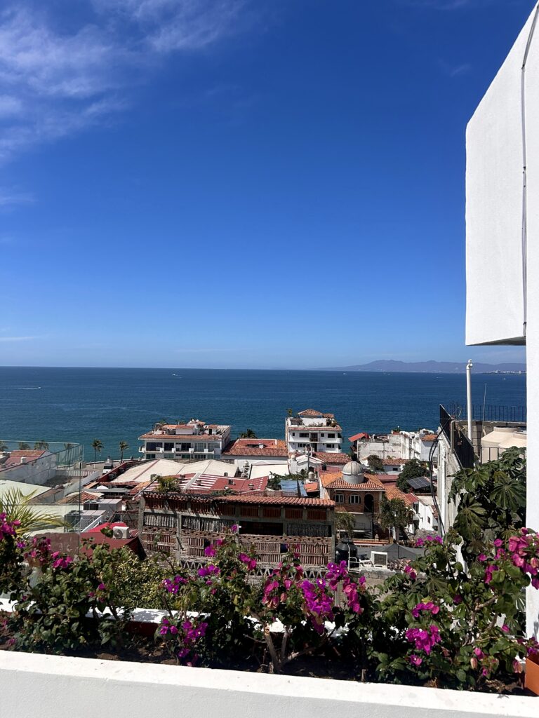 View of the indigo blue pacific ocean from a hotel balcony in Puerto Vallarta