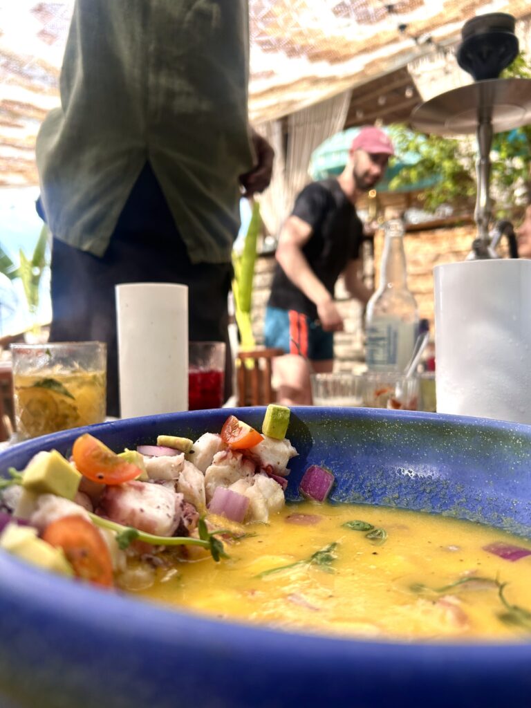 in a blue ceramic bowl sits a soup of octopus ceviche.