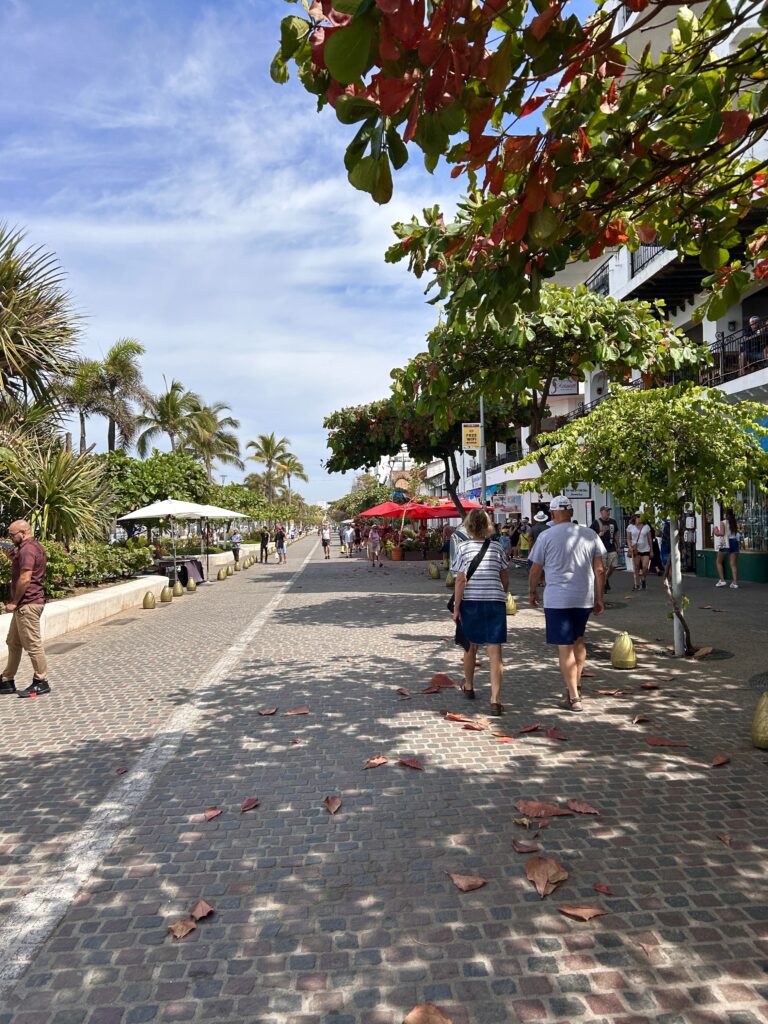 2 people walk on a cobblestone road on the Puerto Vallarta Boardwalk