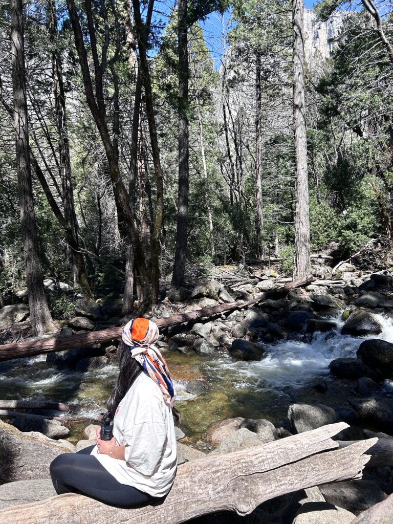 a woman sits on a log thats laying across a rocky ravine. her face is not showing.